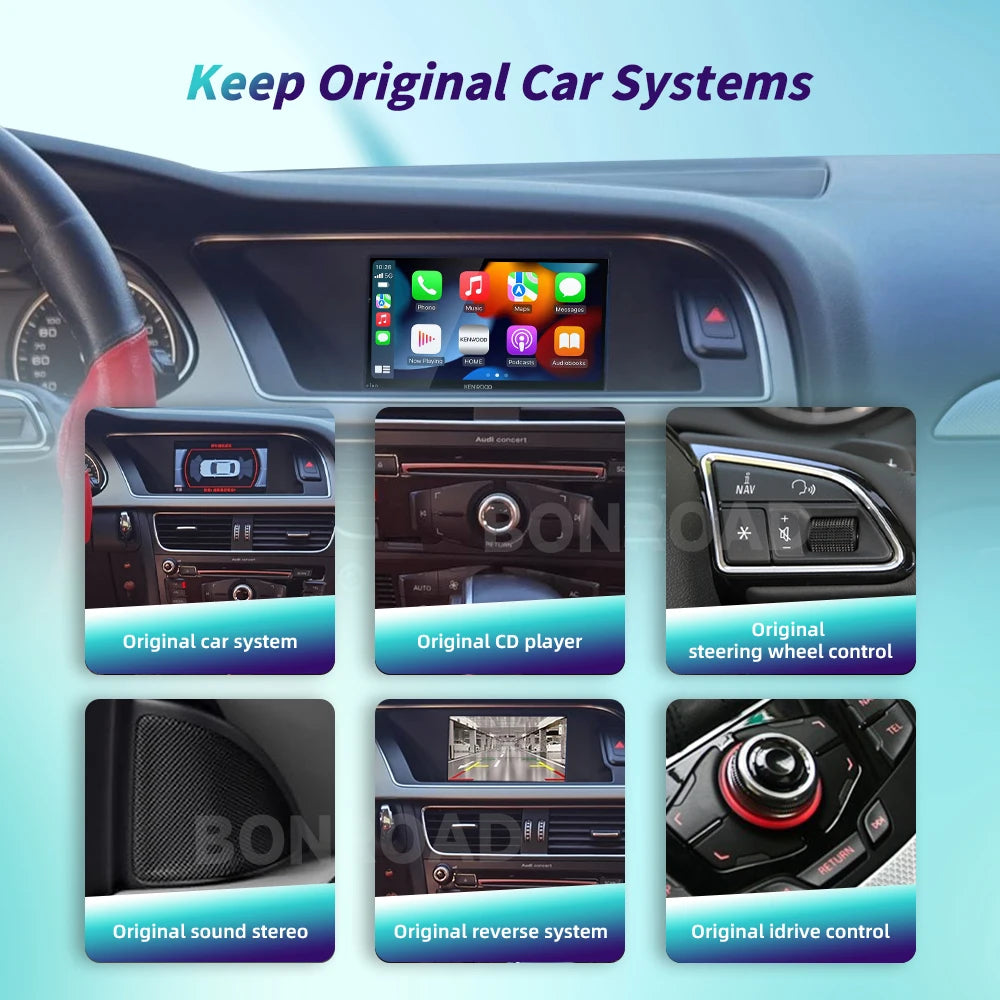 BONROAD Wireless CarPlay Android Auto Adapter for Audi A4 B8 A5 Q5 2009-2015 with Mirror Link Bluetooth  Decoder Box