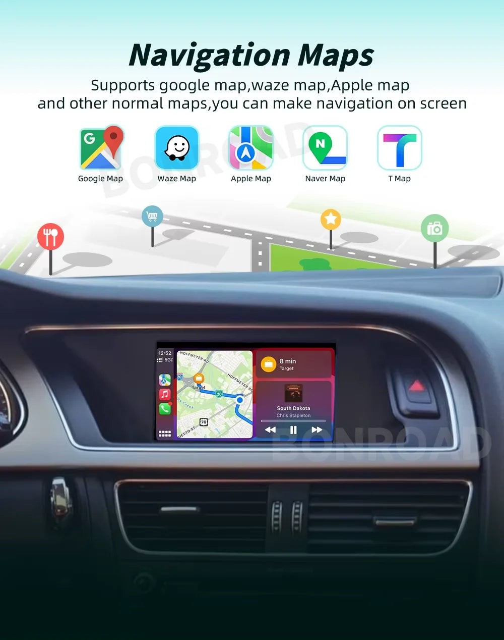 BONROAD Wireless CarPlay Android Auto Adapter for Audi A4 B8 A5 Q5 2009-2015 with Mirror Link Bluetooth  Decoder Box