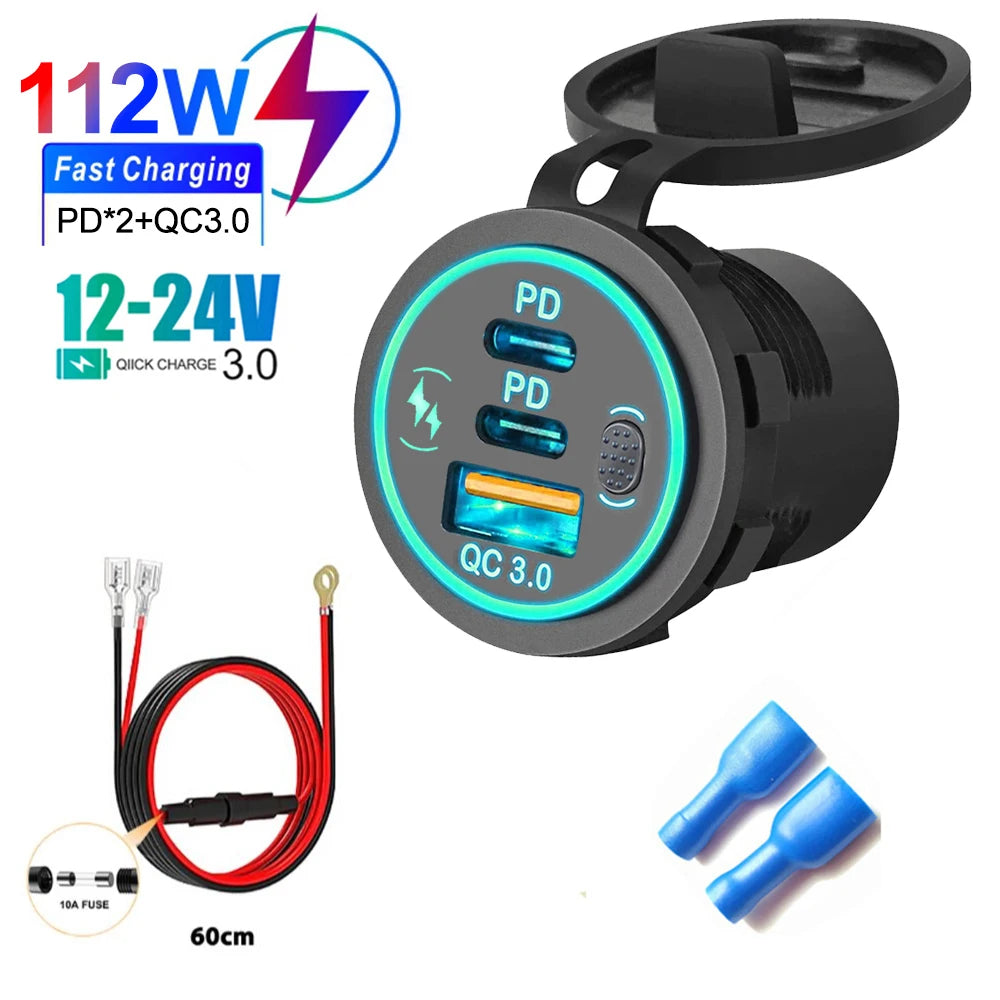 Car Charger Socket PD3.0 & QC3.0 Double USB C Ports Waterproof with LED Touch Switch 78W Fast Charging 12V/24V For Moto Adapter