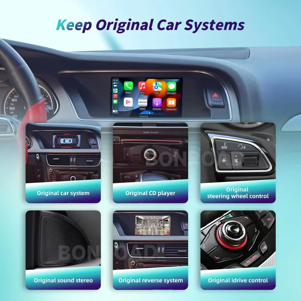 BONROAD Wireless CarPlay Android Auto Adapter for Audi A4 B8 A5 Q5 2009-2015 with Mirror Link Bluetooth  Decoder Box